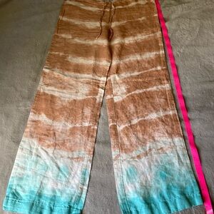 Tie-Dye Brown and Blue linen Pants by Venus. Features drawstring waist.